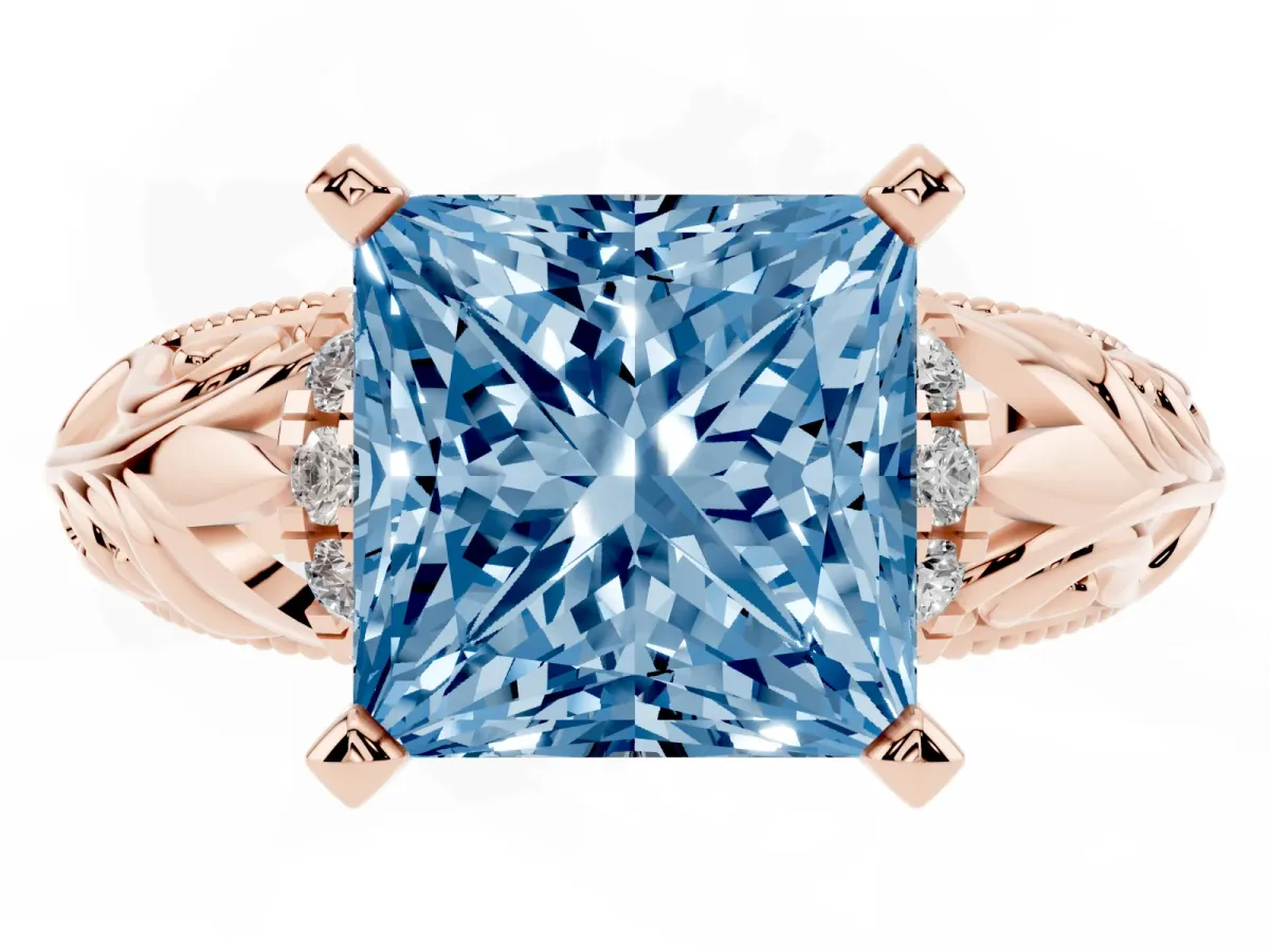 Fancy Blue Princess Cut Solitaire Filigree Engagement Ring with Halo and Prong Setting Rose gold