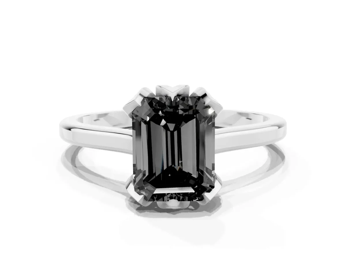 Fancy Black Emerald Cut Diamond Solitaire Ring with Flower Prong Setting and Classic Band Silver