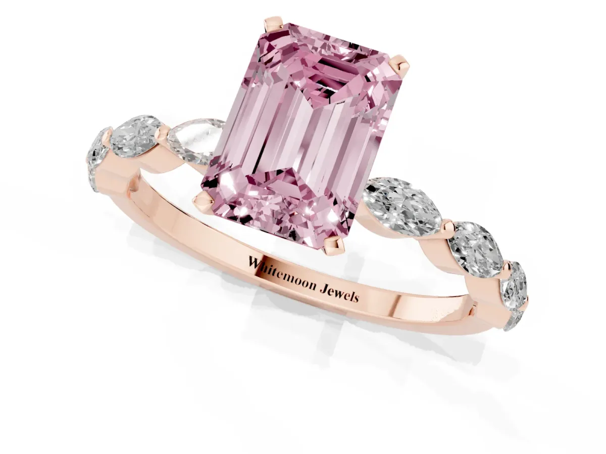 Fancy Pink Emerald Cut Diamond Ring with Marquise Side Stones and Prong Setting Rose gold