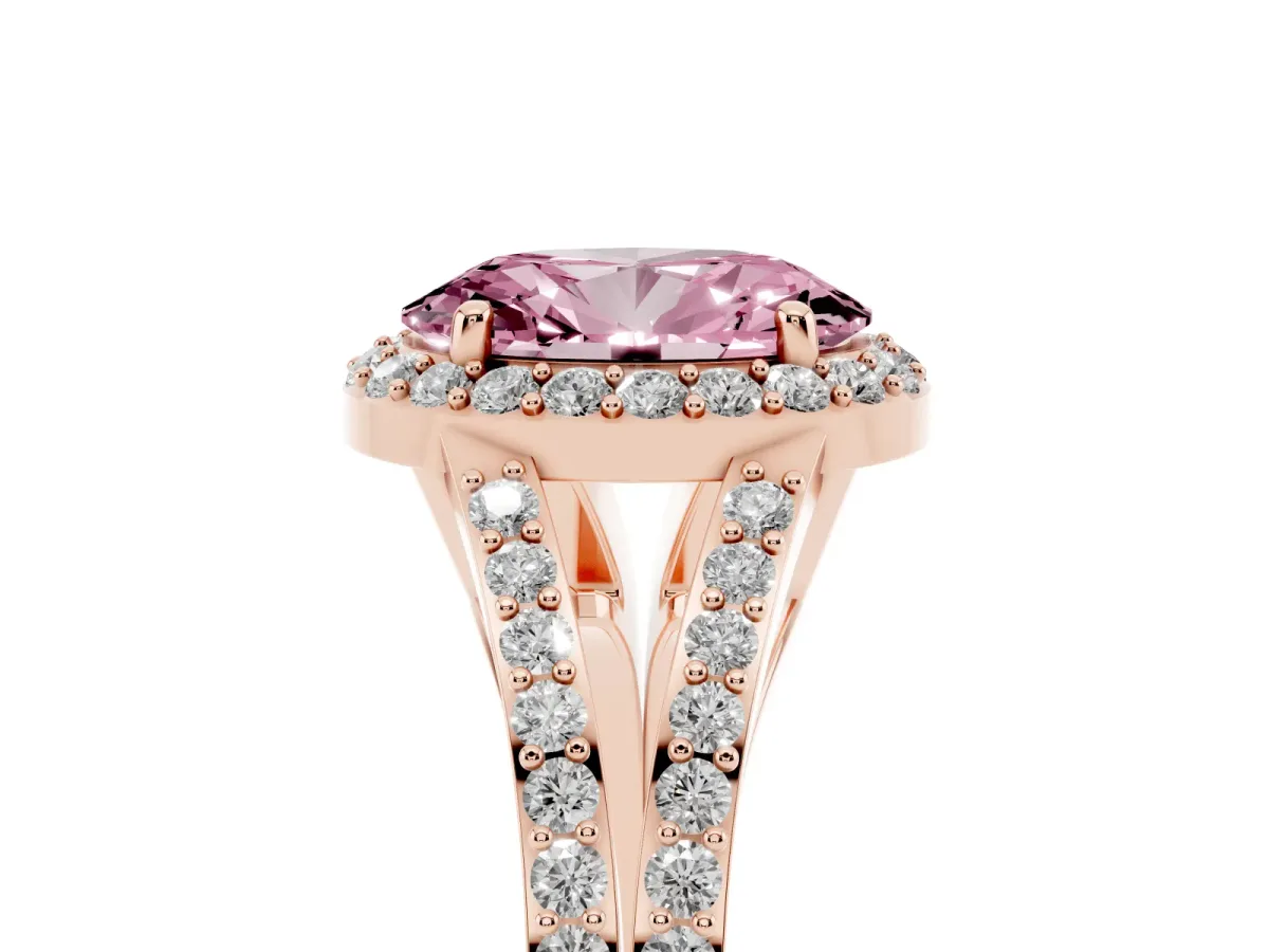 Fancy Pink Oval Cut Halo Split Shank Diamond Ring with Prong Setting Rose gold