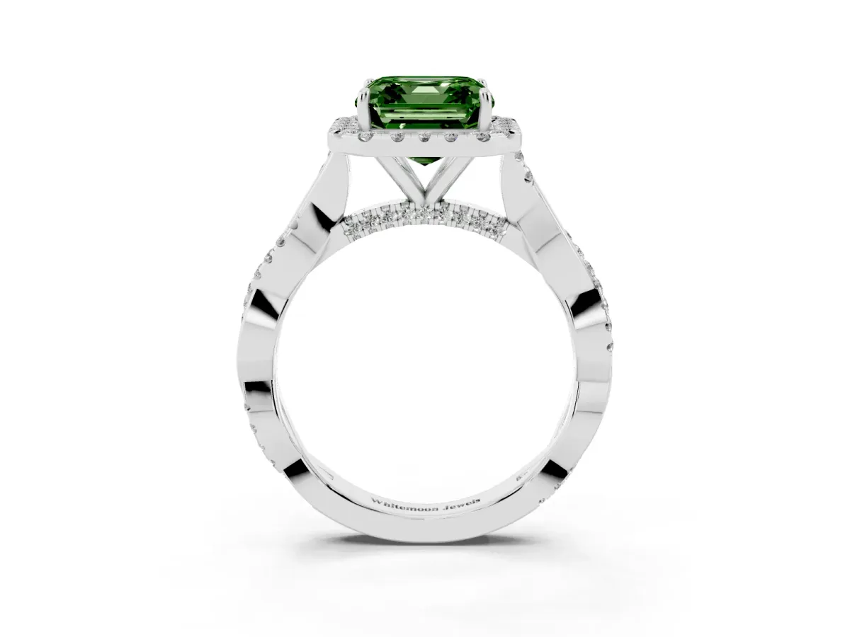 Fancy Green Asscher Cut Halo Twist Band Solitaire Ring Silver