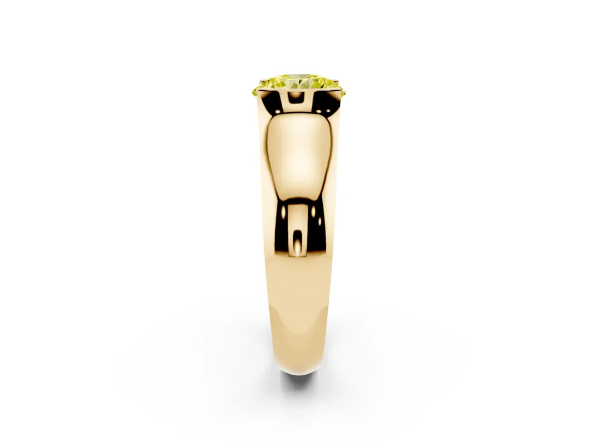 Fancy Yellow Round Cut Solitaire Bezel Set Diamond Ring with Wide Band Yellow gold