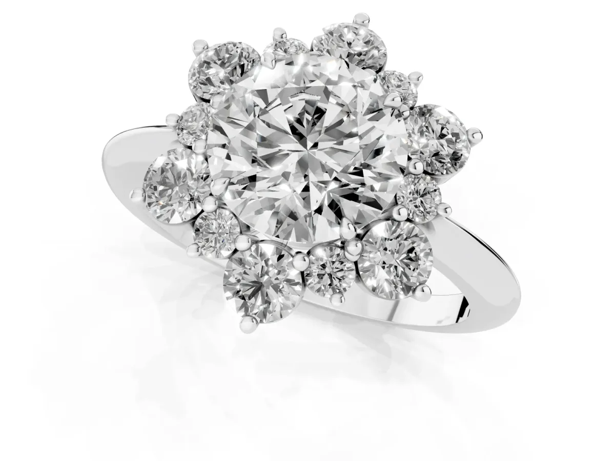 Round Cut Diamond Cluster Halo Ring with Solitaire Band and Four-Prong Setting Silver