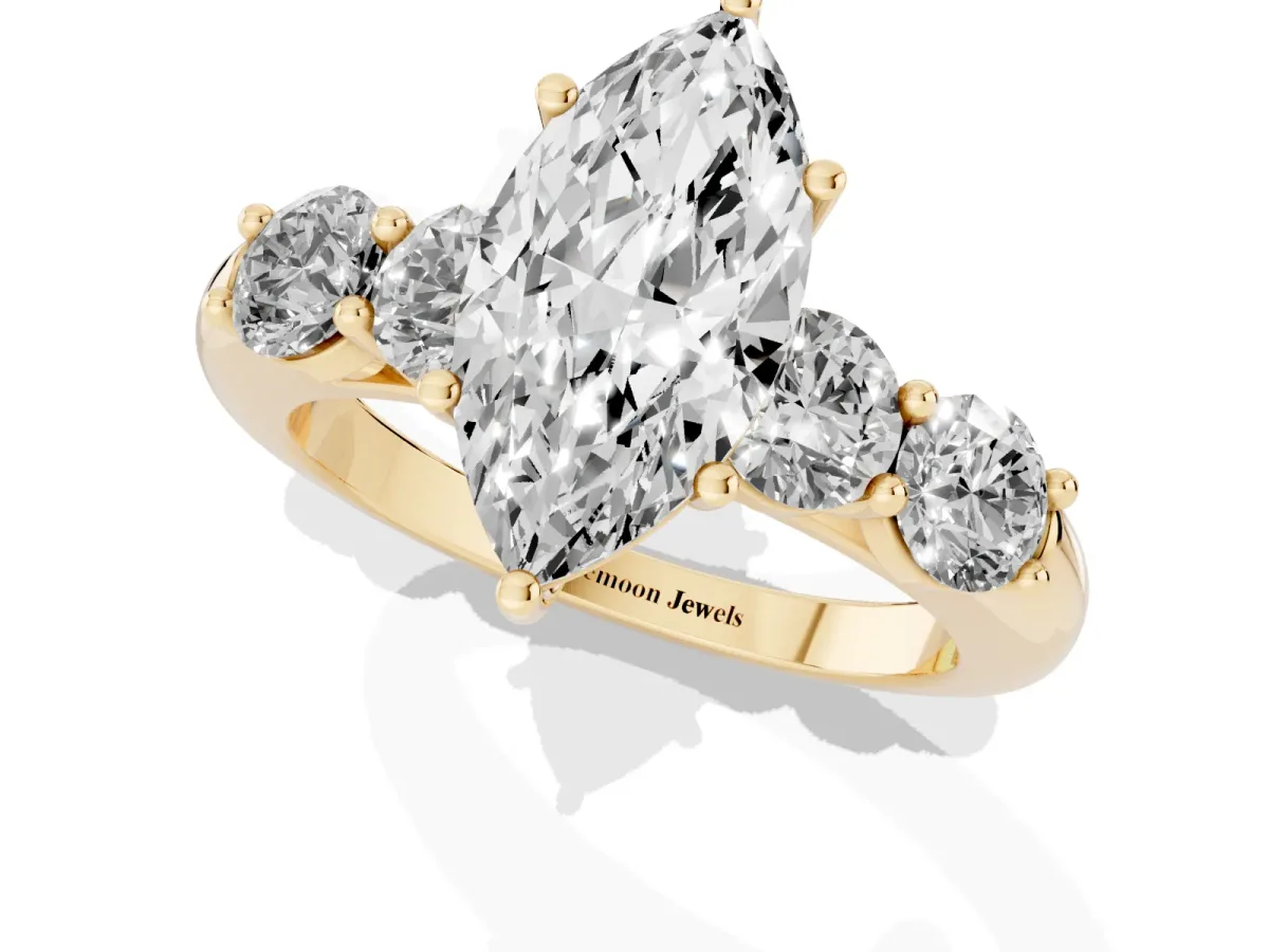 Marquise Cut Cut Five-Stone Prong Set Diamond Ring with Classic Band Yellow gold
