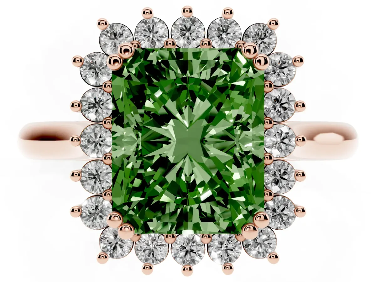 Fancy Green Radiant Cut Cut Diamond Halo Ring with Solitaire Band and Prong Setting Rose gold