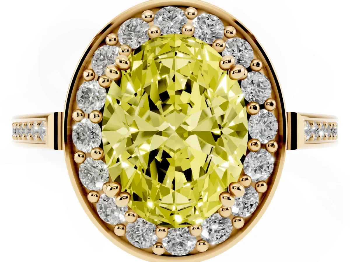 Fancy Yellow Oval Cut Diamond Halo Ring with Split Shank and Four-Prong Setting Yellow gold