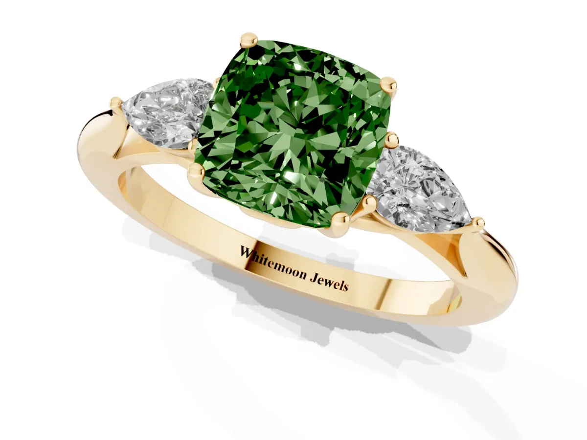 Fancy Green Cushion Cut Diamond Three-Stone Ring with Pear Side Stones and Prong Setting Yellow gold