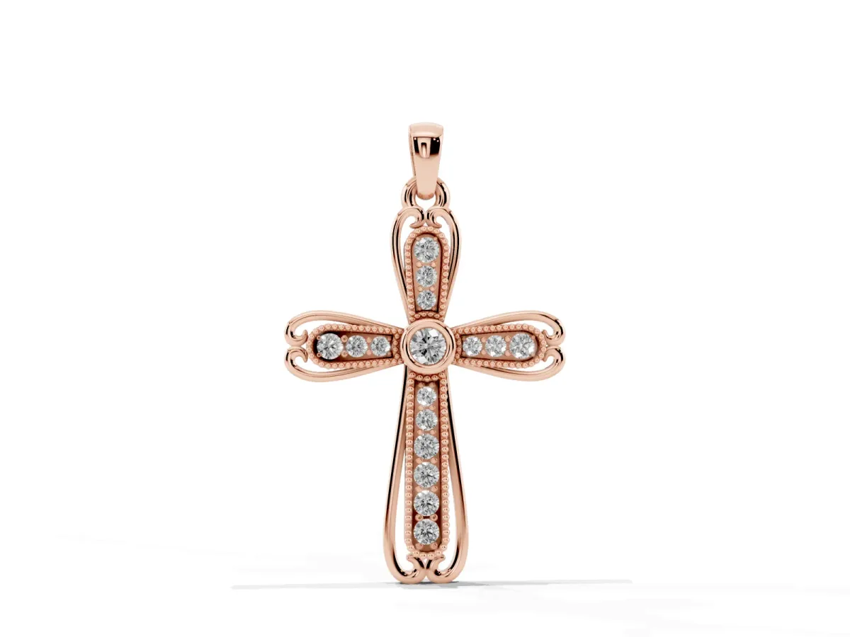 Pavé Round Diamond Cross Pendant with Bezel Setting Rose gold