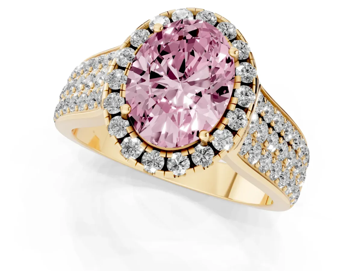 Fancy Pink Oval Cut Halo Round Diamond Pave Band with Prong Setting Yellow gold