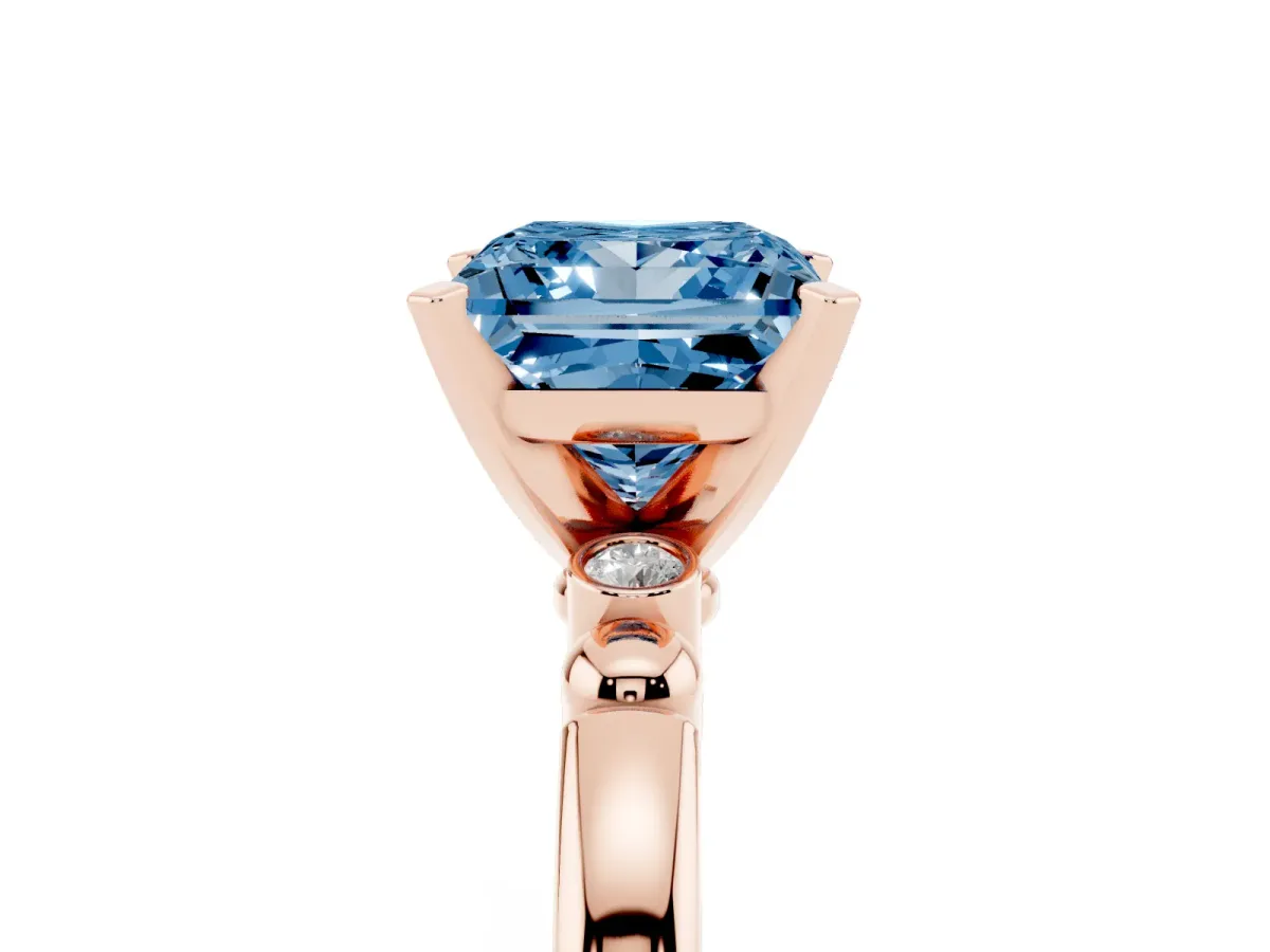Fancy Blue Princess Cut Solitaire Beaded Band with Four-Prong Setting Rose gold