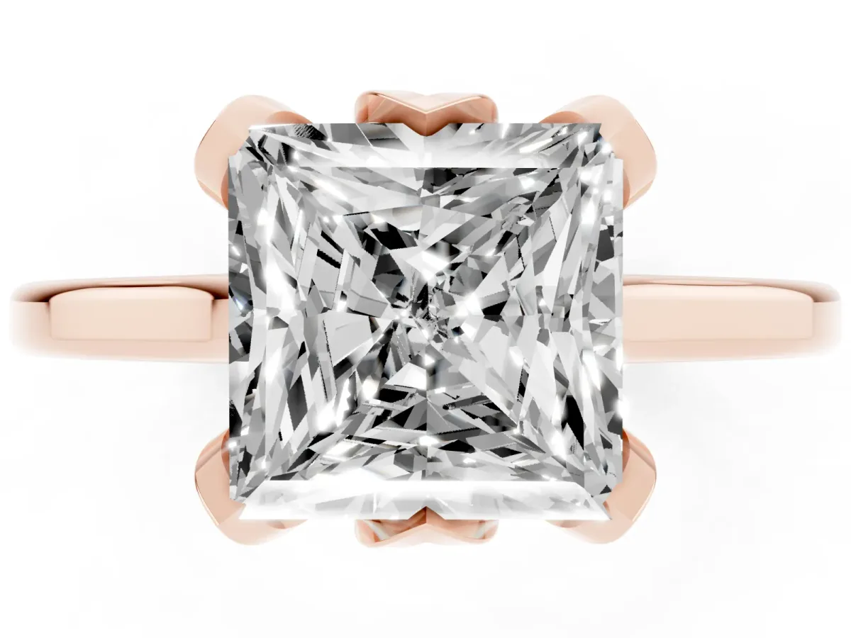 Princess Cut Diamond Solitaire Ring with Flower Prong Setting and Classic Band Rose gold