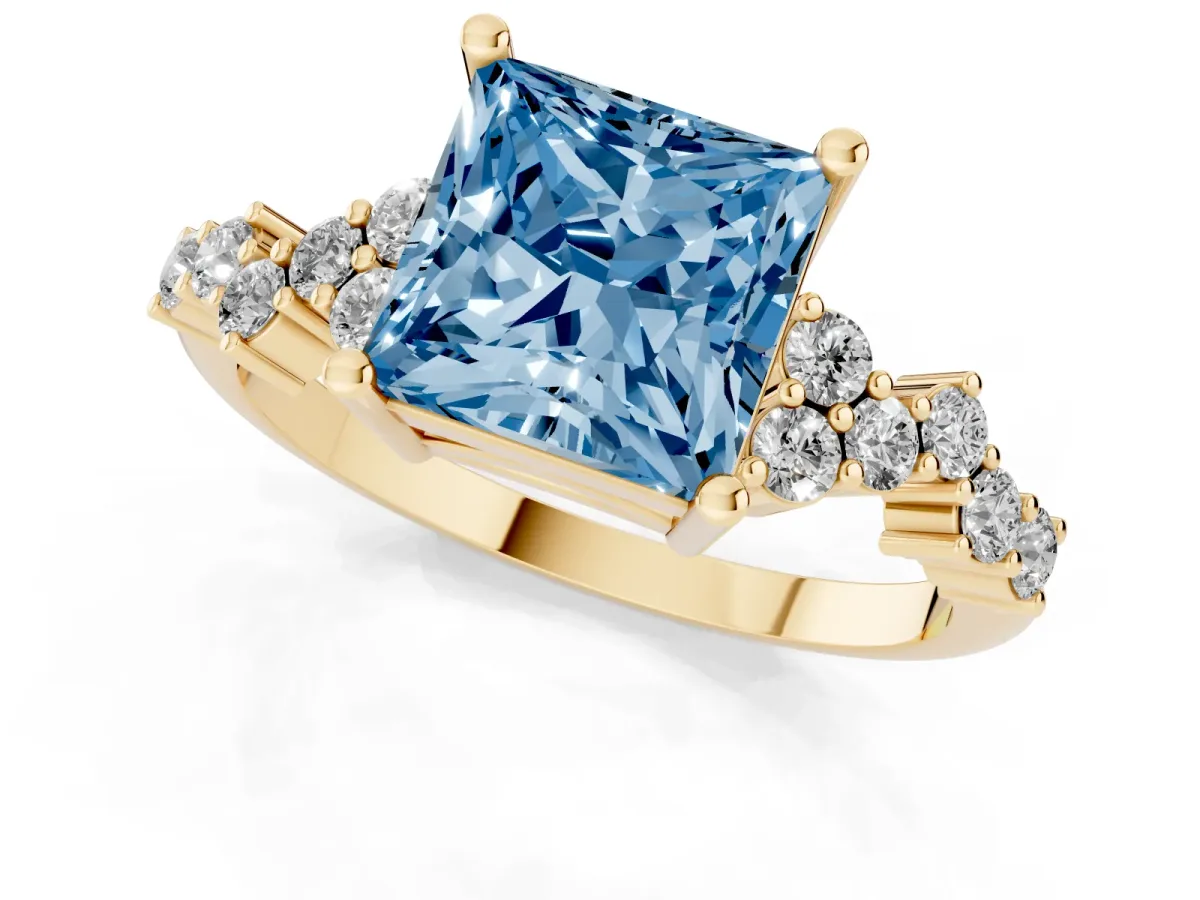 Fancy Blue Princess Cut Diamond Scattered Round Accent Ring with Prong Setting Yellow gold