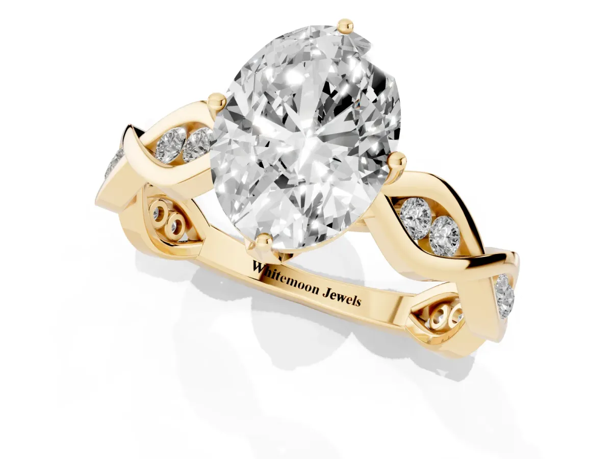 Oval Cut Solitaire Twist Band with Leaf Prong Setting Yellow gold