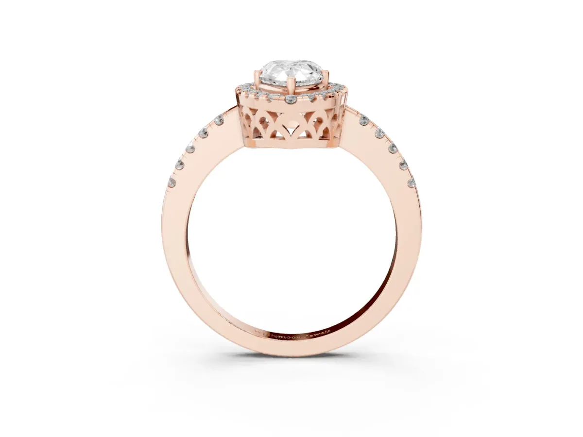 Pear Cut Halo Diamond Engagement Ring with Pavé Band and Four-Prong Setting Rose gold