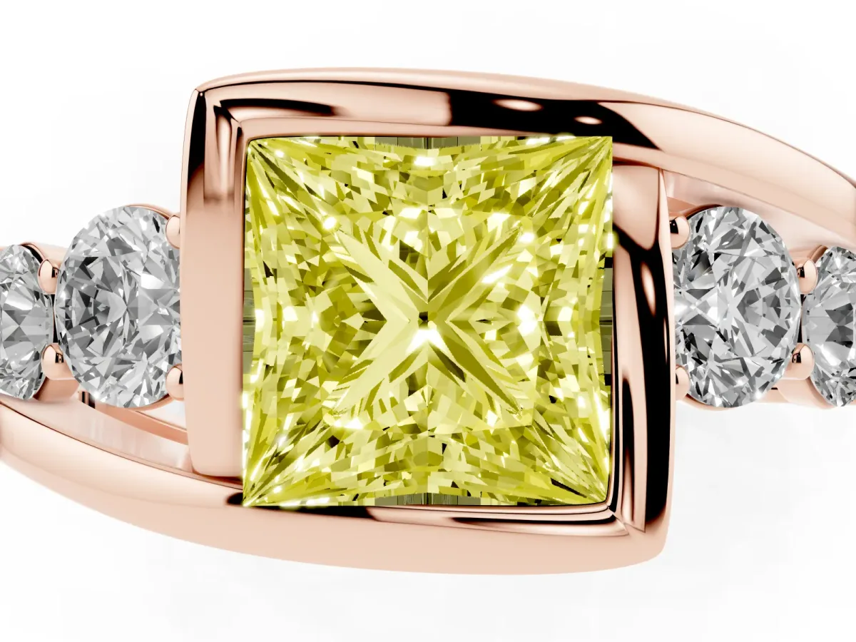 Fancy Yellow Bezel Set Princess Cut Diamond Bypass Ring with Round Accents Rose gold