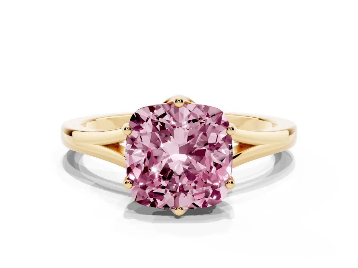 Fancy Pink Cushion Cut Solitaire Diamond Ring with Six-Prong Setting and Tapered Band Yellow gold