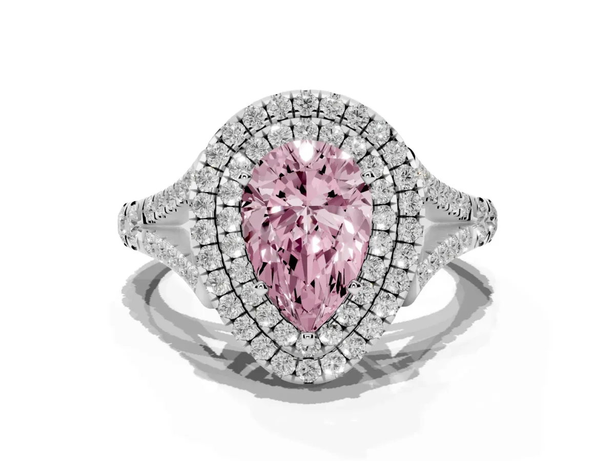 Fancy Pink Pear Cut Diamond Double Halo Ring with Split Shank and Prong Setting Platinum
