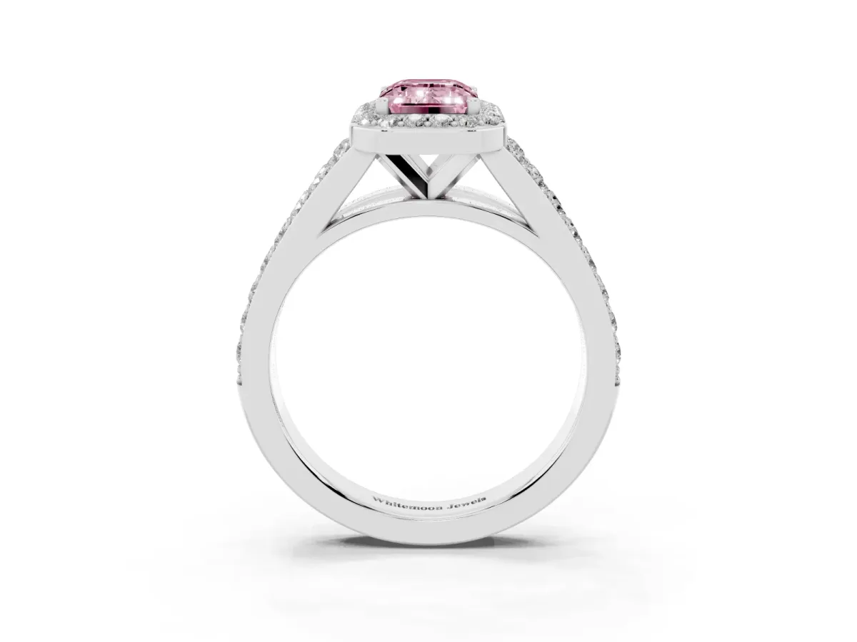 Fancy Pink Emerald Cut Diamond Split Shank Halo Ring with Four-Prong Setting Silver