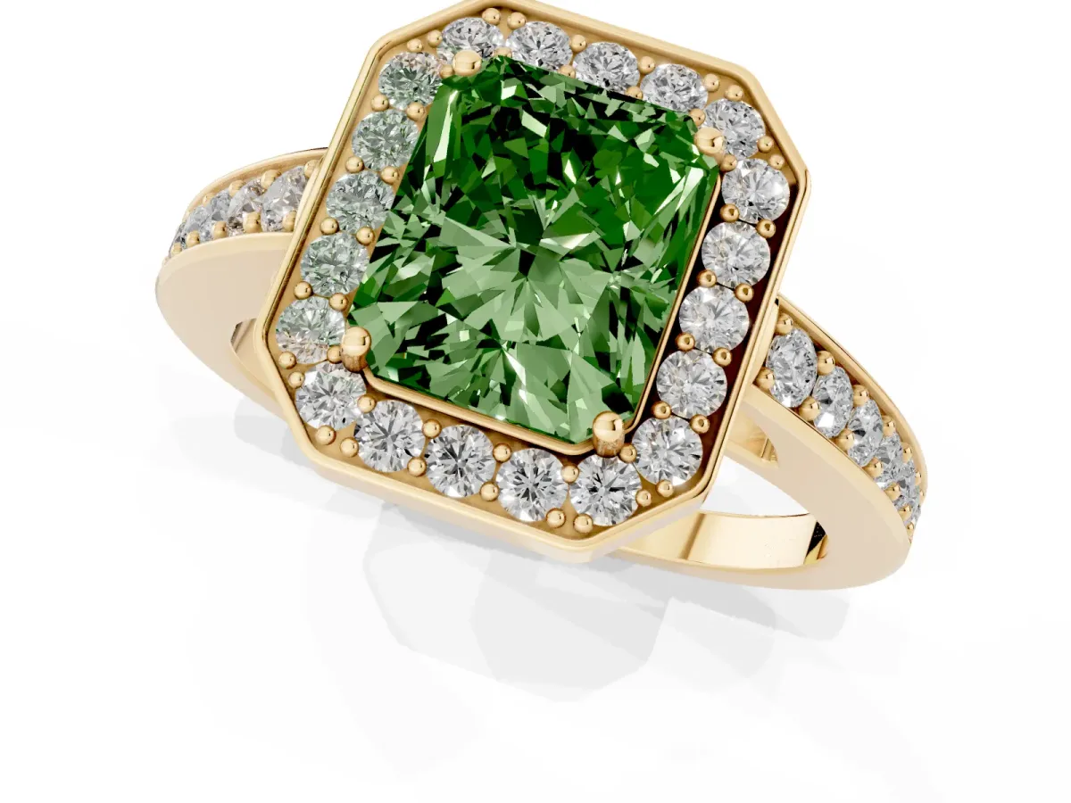 Fancy Green Radiant Cut Halo Pavé Diamond Engagement Ring with Bezel Setting Yellow gold