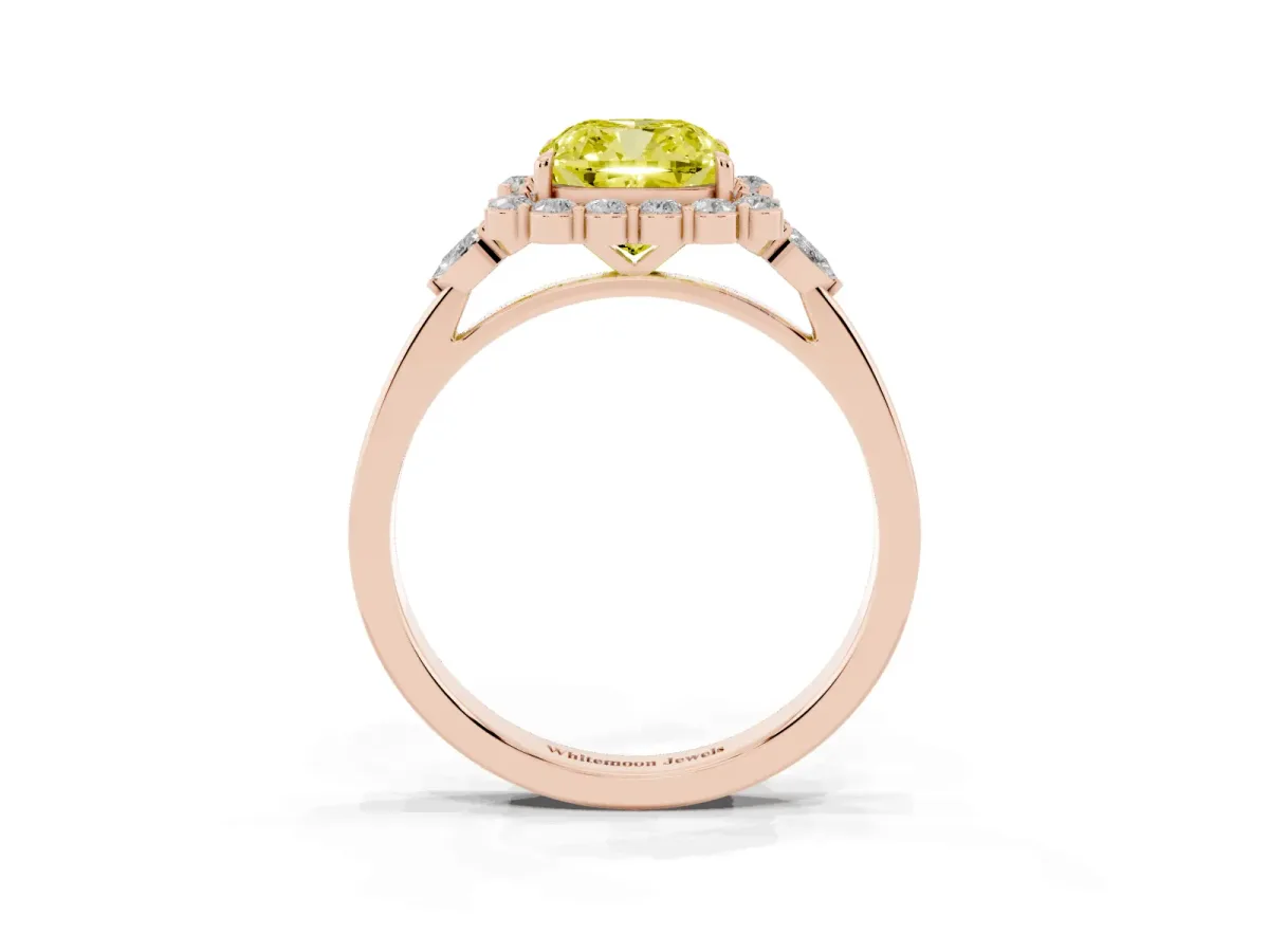 Fancy Yellow Cushion Cut Diamond Halo Ring with Pear Side Stones and Prong Setting Rose gold