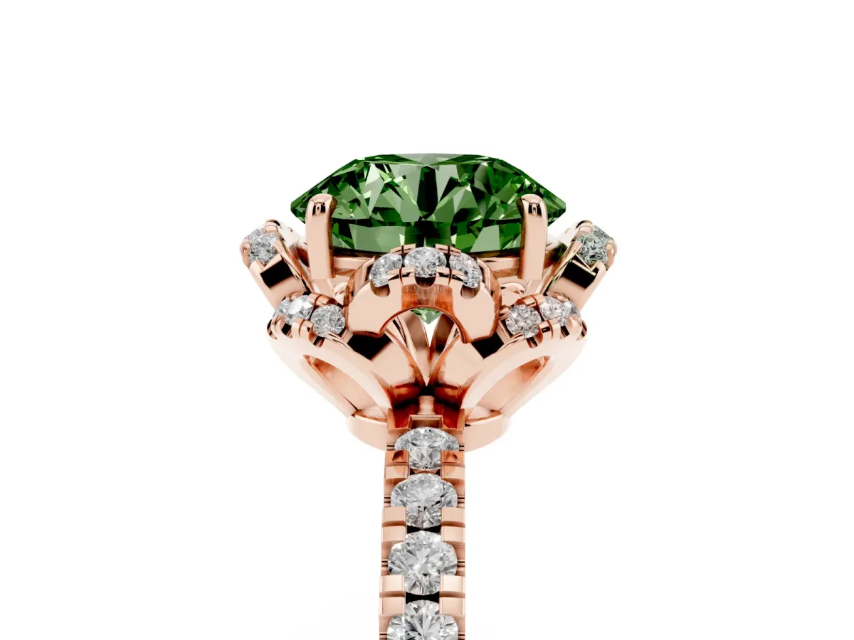 Fancy Green Round Cut Halo Diamond Pave Band Ring with Four-Prong Setting Rose gold