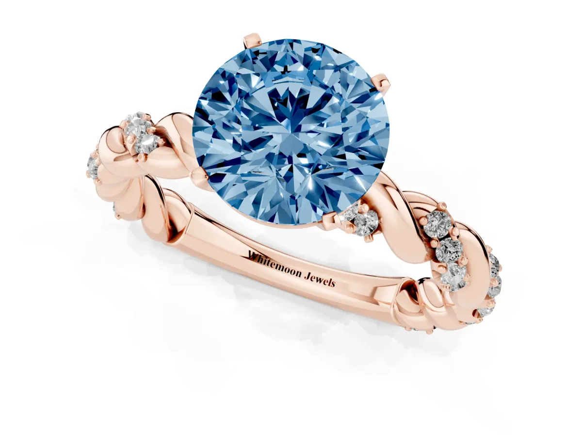 Fancy Blue Round Cut Diamond Solitaire Ring with Twisted Band and Pavé Accents Rose gold