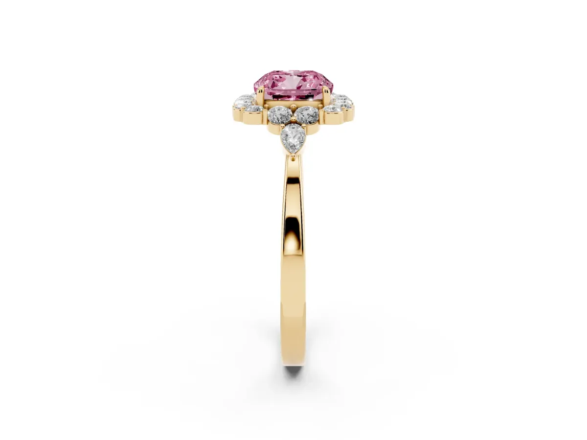 Fancy Pink Cushion Cut Diamond Halo Ring with Pear Side Stones and Prong Setting Yellow gold