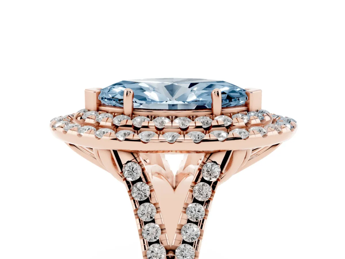 Fancy Blue Double Halo Marquise Cut Diamond Pavé Split Shank Ring with Prong Setting Rose gold