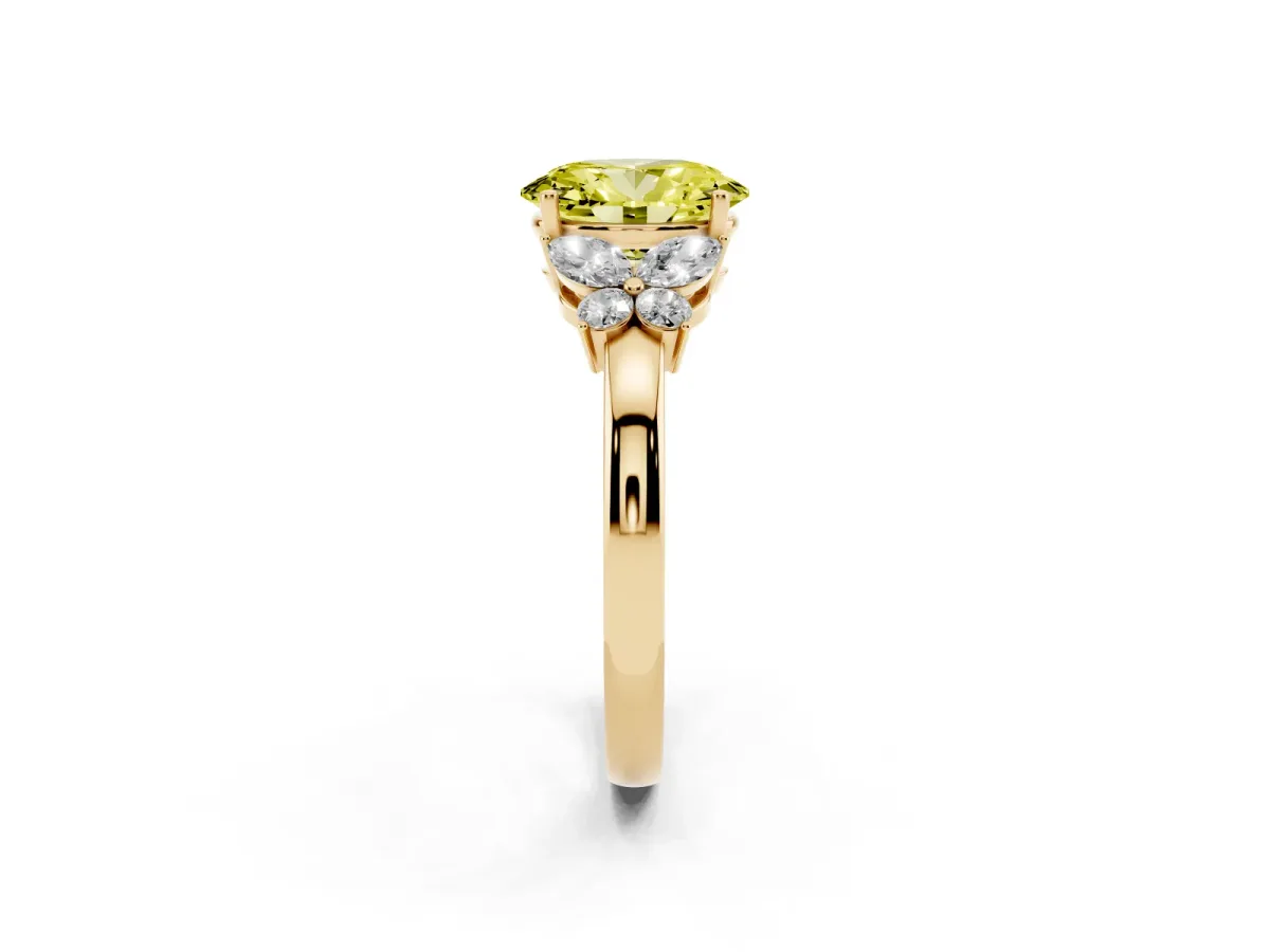 Fancy Yellow Oval Cut Cut Solitaire Floral Diamond Ring with Four-Prong Setting Yellow gold