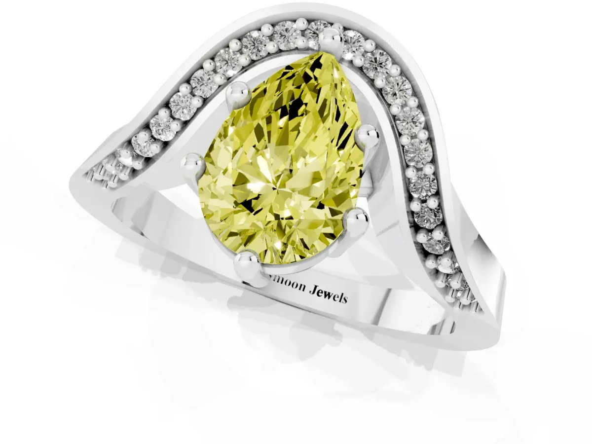 Fancy Yellow Pear Cut Solitaire Diamond Engagement Ring with Pave Band and Four-Prong Setting Silver