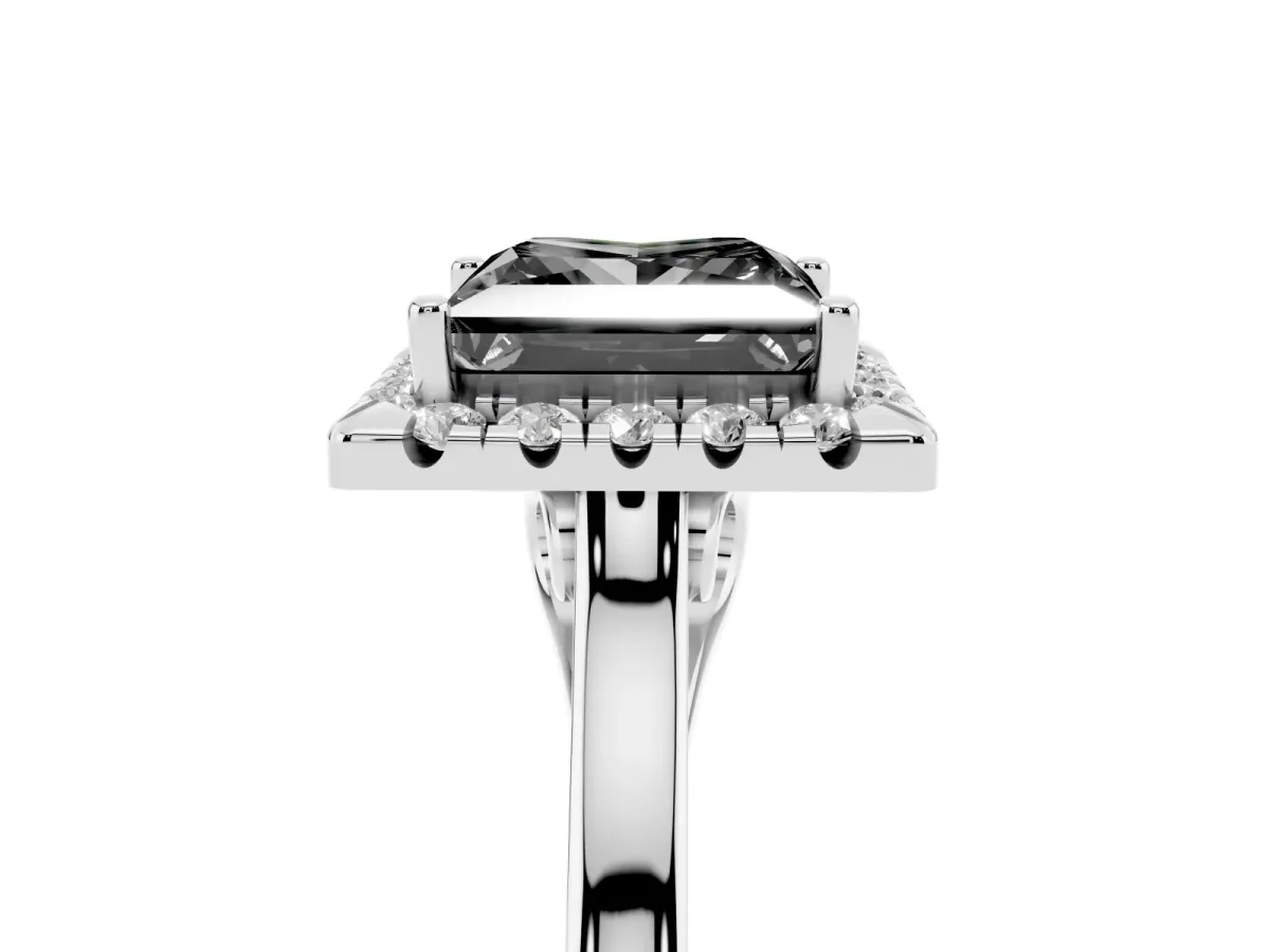 Fancy Black Princess Cut Halo Round Diamond Solitaire Ring with Pavé Band and Four-Prong Setting White gold