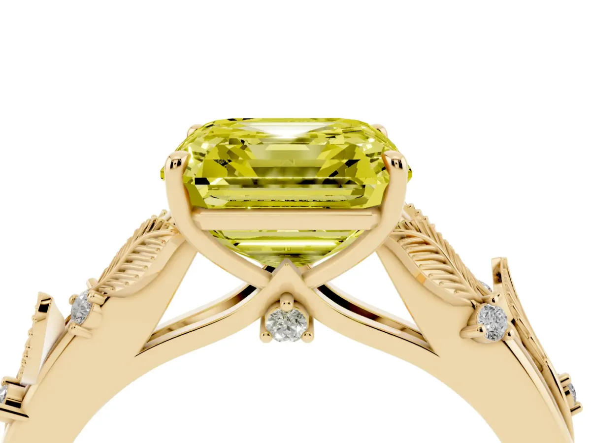 Fancy Yellow Asscher Cut Diamond Solitaire Ring with Leaf Motif Band and Four-Prong Setting Yellow gold