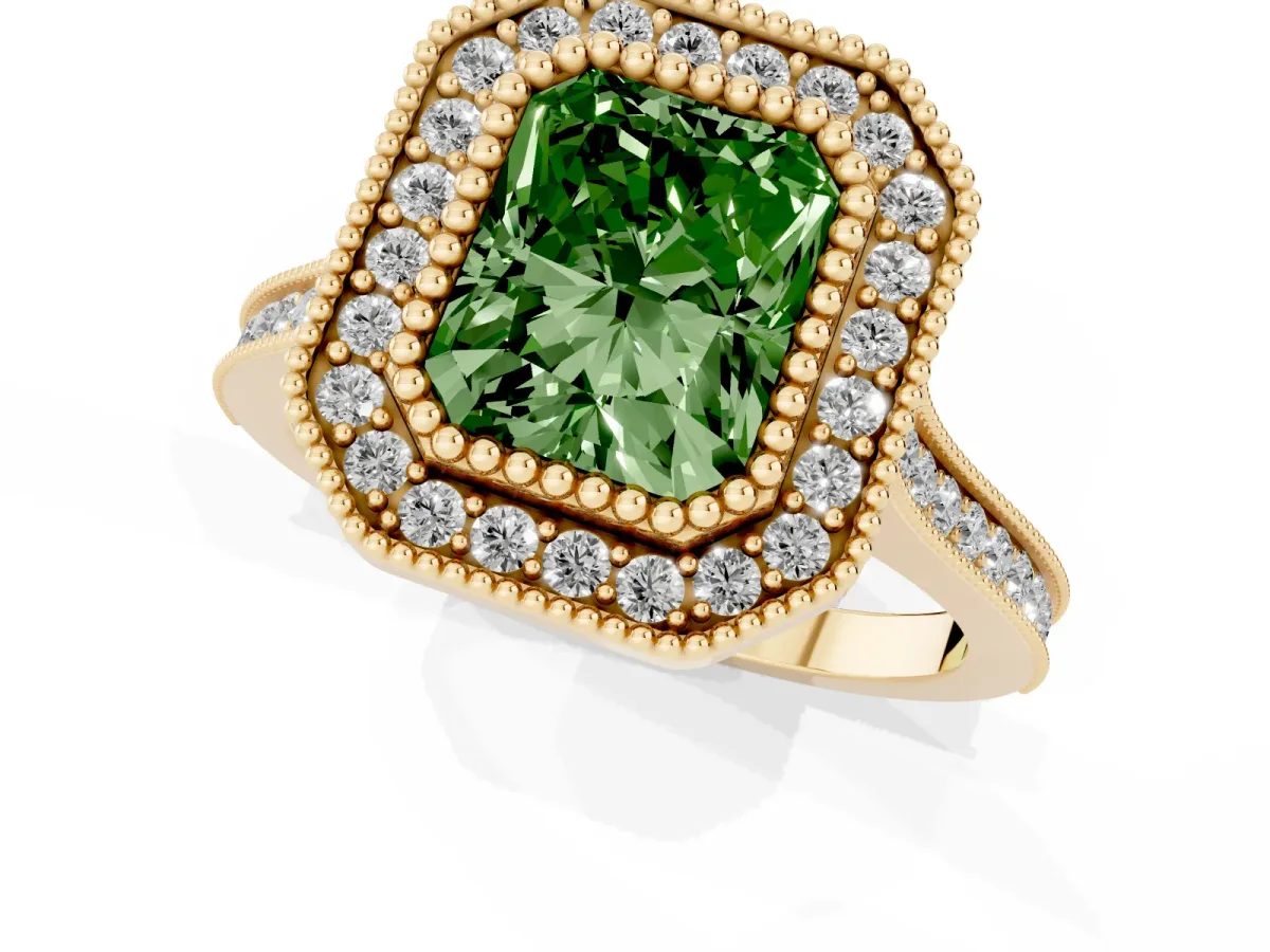 Fancy Green Radiant Cut Diamond Halo Ring with Milgrain Frame and Pavé Band Yellow gold