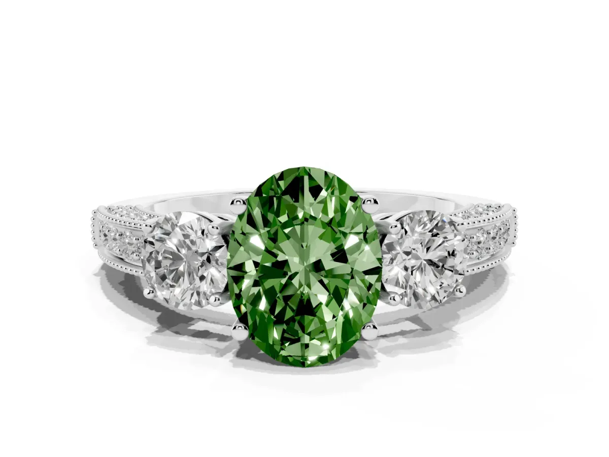 Fancy Green Oval Cut Three-Stone Diamond Ring with Pavé Band and Four-Prong Setting Silver