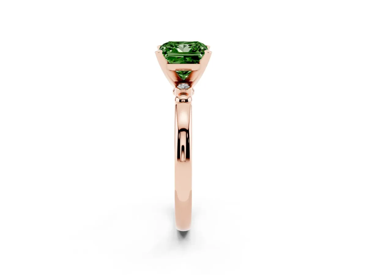 Fancy Green Princess Cut Solitaire Beaded Band with Four-Prong Setting Rose gold