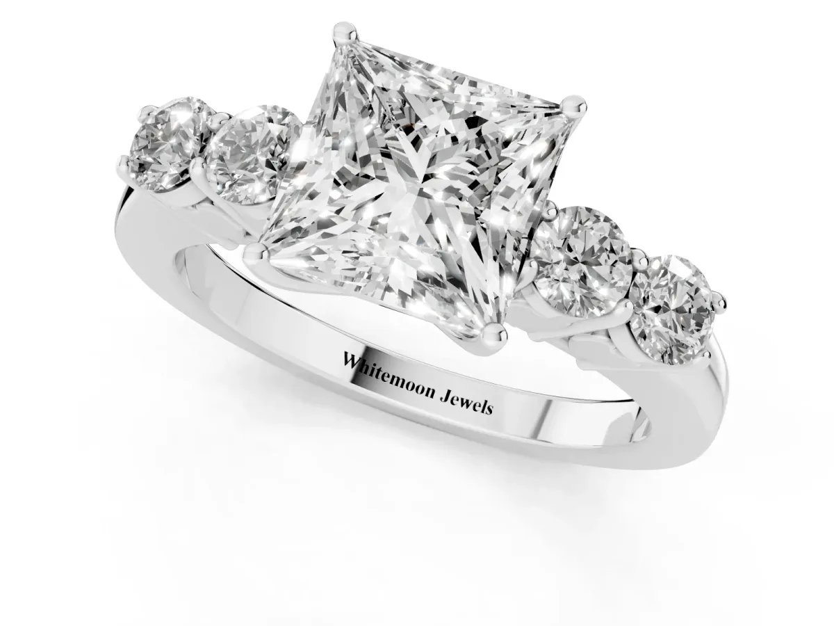 Princess Cut Cut Diamond Five-Stone Prong Set White Gold Ring Platinum