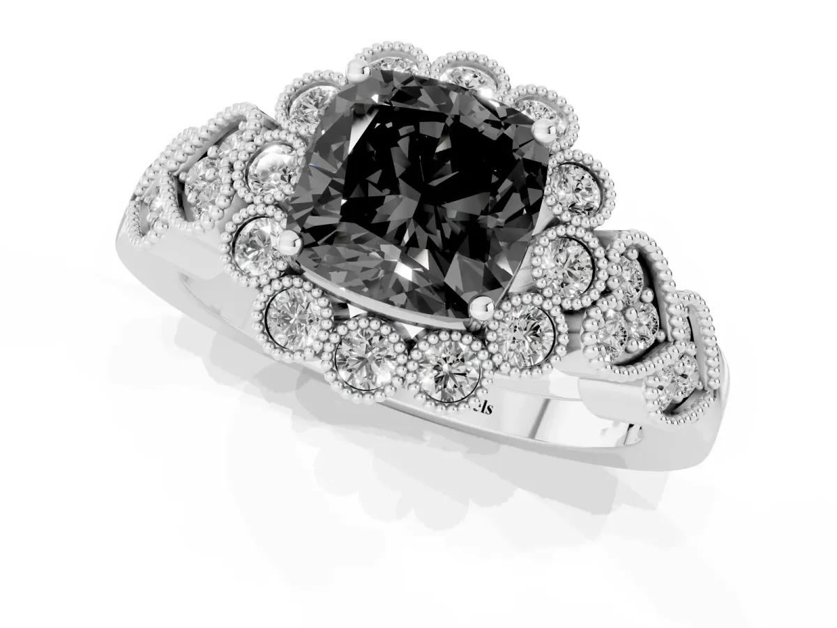 Fancy Black Cushion Cut Brilliant Milgrain Pave Heart Band Solitaire Ring Silver