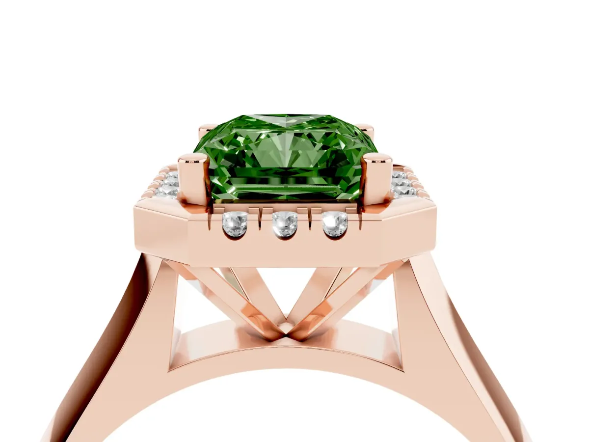 Fancy Green Radiant Cut Cut Halo Solitaire Engagement Ring with Square Band and Four-Prong Setting Rose gold