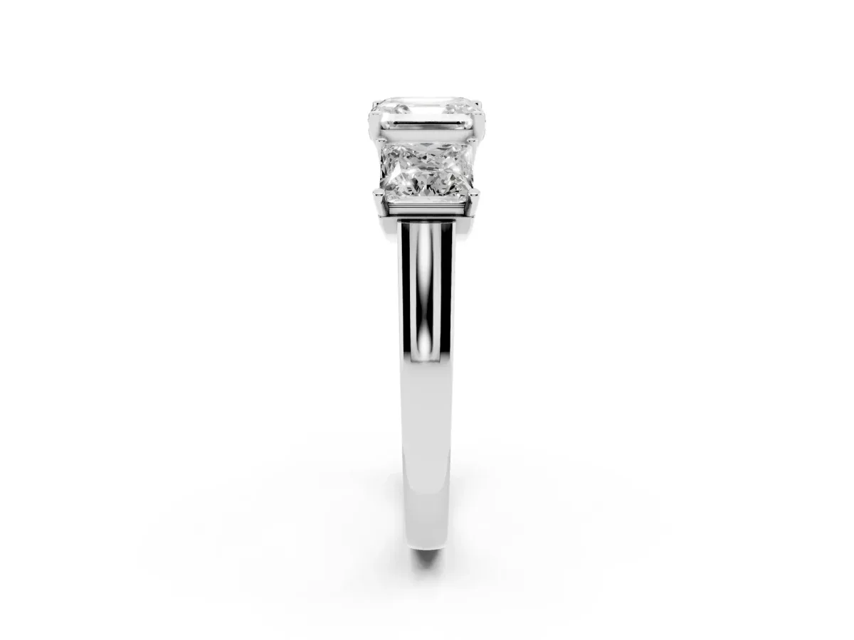 Three-Stone Asscher Cut Brilliant Diamond Trellis Ring with Comfort Fit Band Platinum