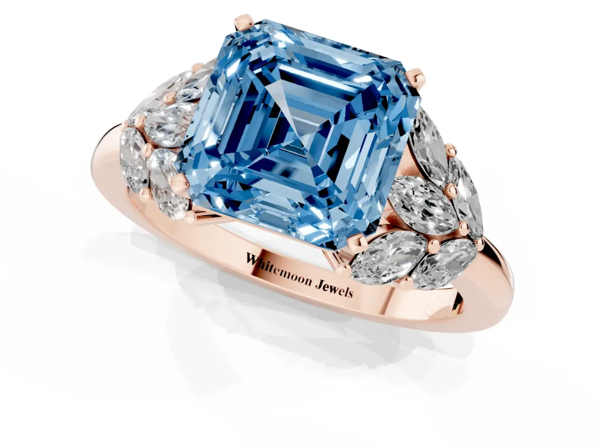 Fancy Blue Asscher Cut Diamond Cluster Leaf Design Ring with Prong Setting Rose gold