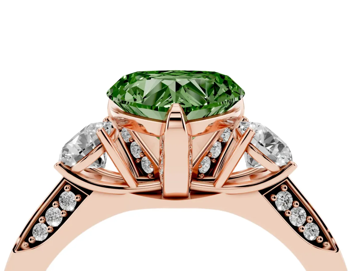 Fancy Green Heart Cut Brilliant Three-Stone Diamond Ring with Pavé Band and Four-Prong Setting Rose gold