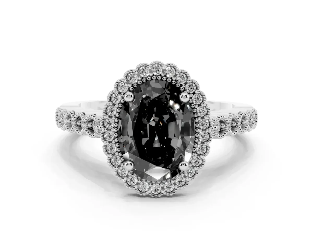 Fancy Black Oval Cut Cut Halo Pavé Solitaire Ring with Milgrain Band Silver