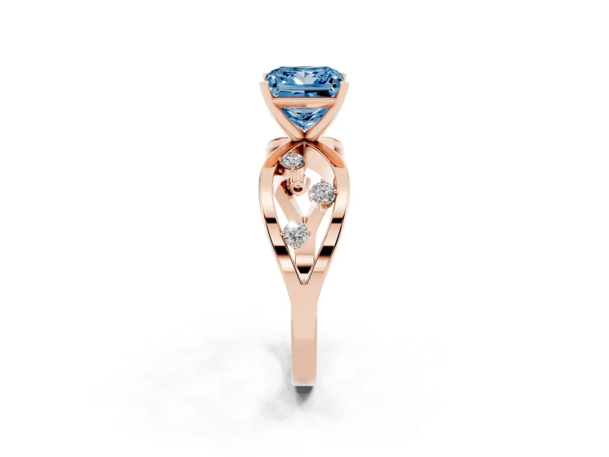 Fancy Blue Princess Cut Cut Solitaire Diamond with Side Stones on Criss-Cross Band and Four-Prong Setting Rose gold