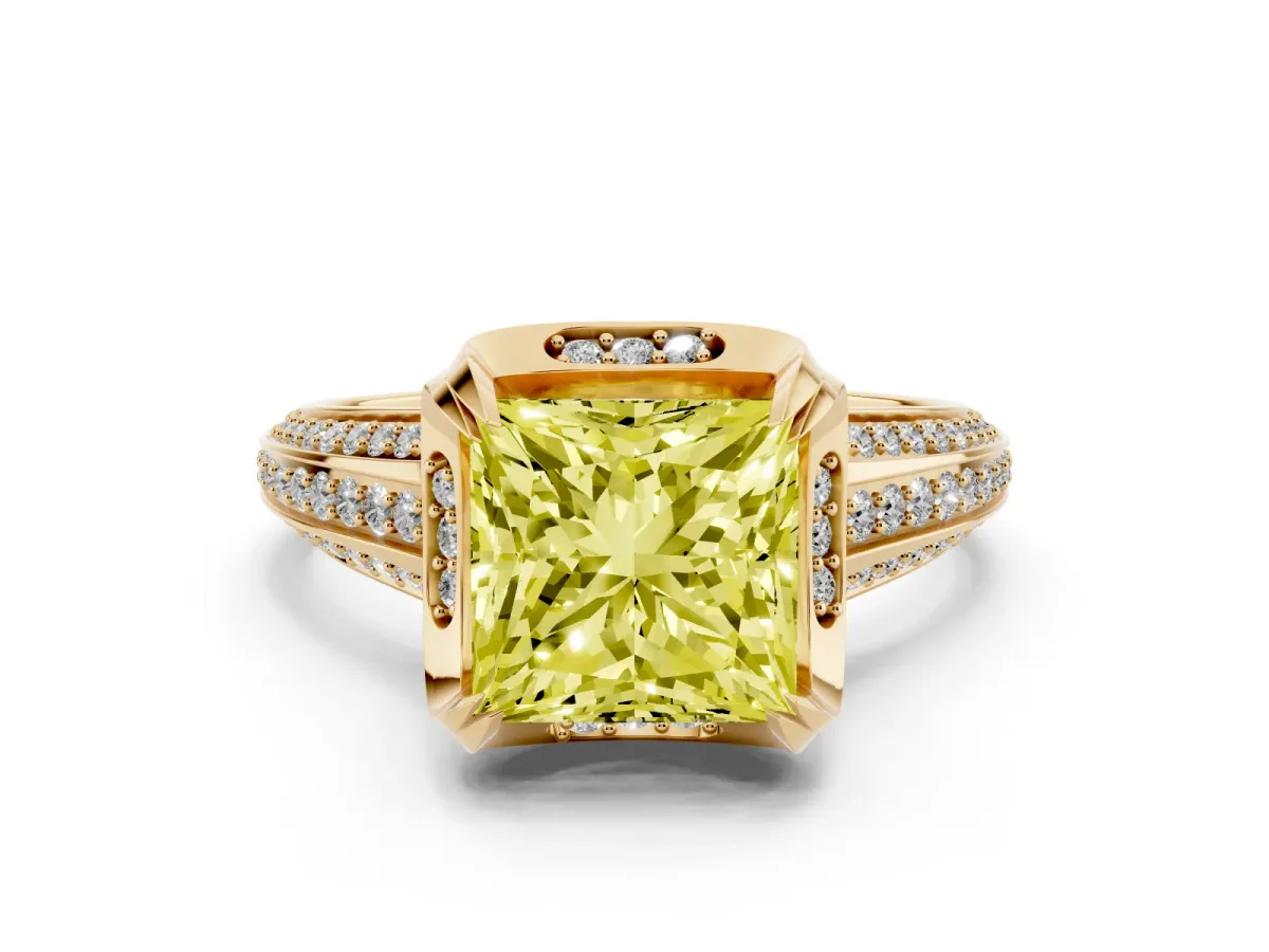 Fancy Yellow Princess Cut Solitaire Pave Split Shank Ring with Four-Prong Setting Yellow gold