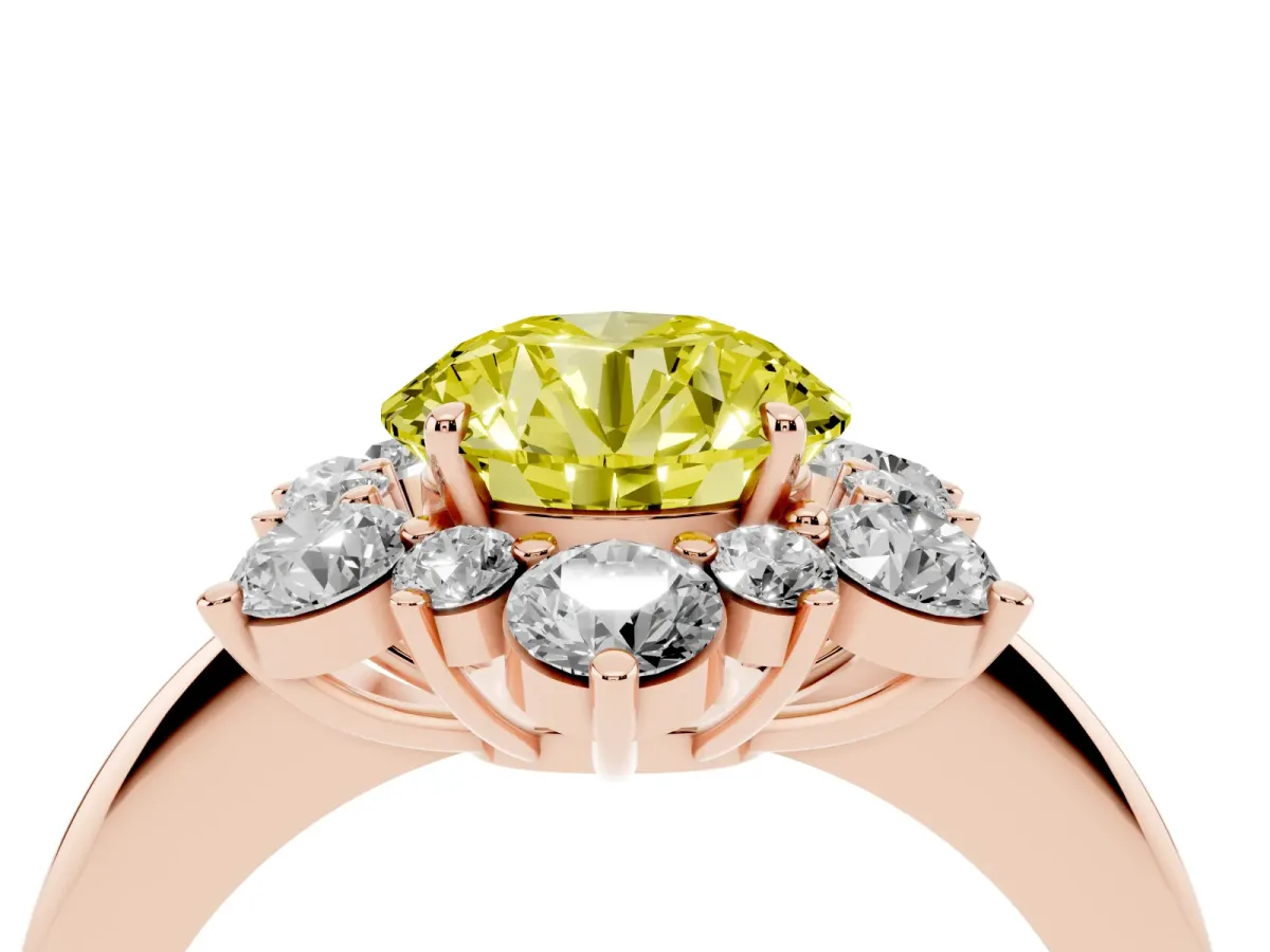 Fancy Yellow Round Cut Diamond Cluster Halo Ring with Solitaire Band and Four-Prong Setting Rose gold