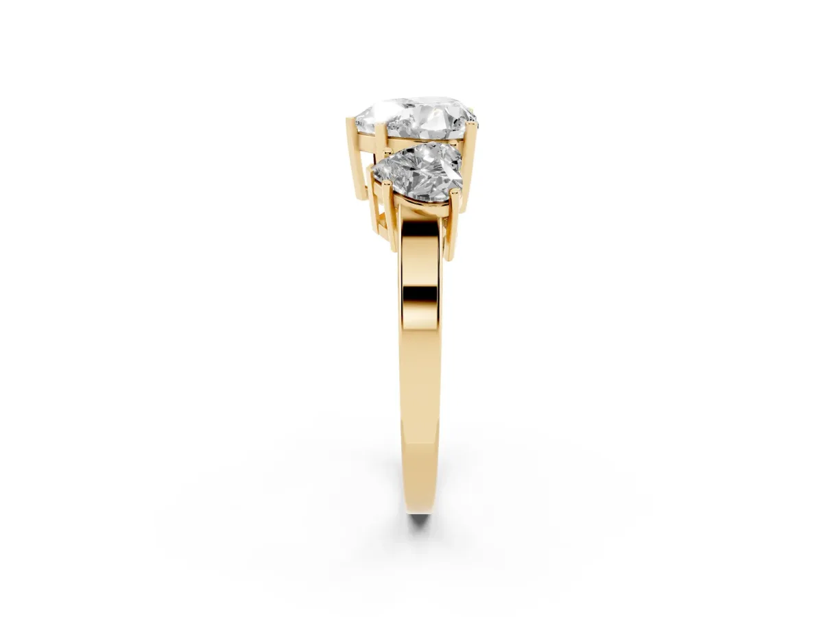 Three-Stone Heart Cut Cut Diamond Engagement Ring with Flat Band and Four-Prong Setting Yellow gold
