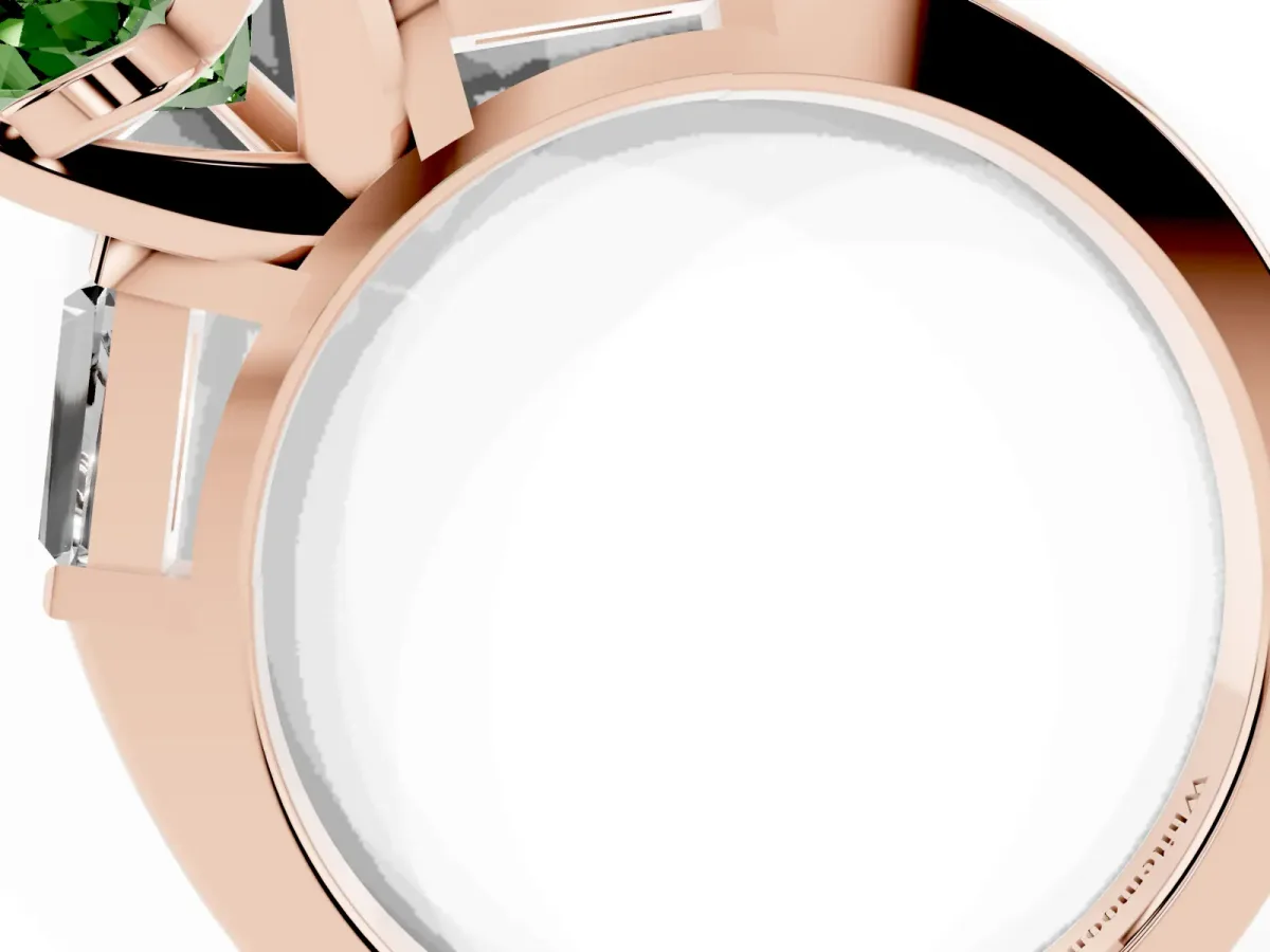 Fancy Green Heart Cut Solitaire with Tapered Baguette Side Stones on a Classic Band with Four-Prong Setting Rose gold