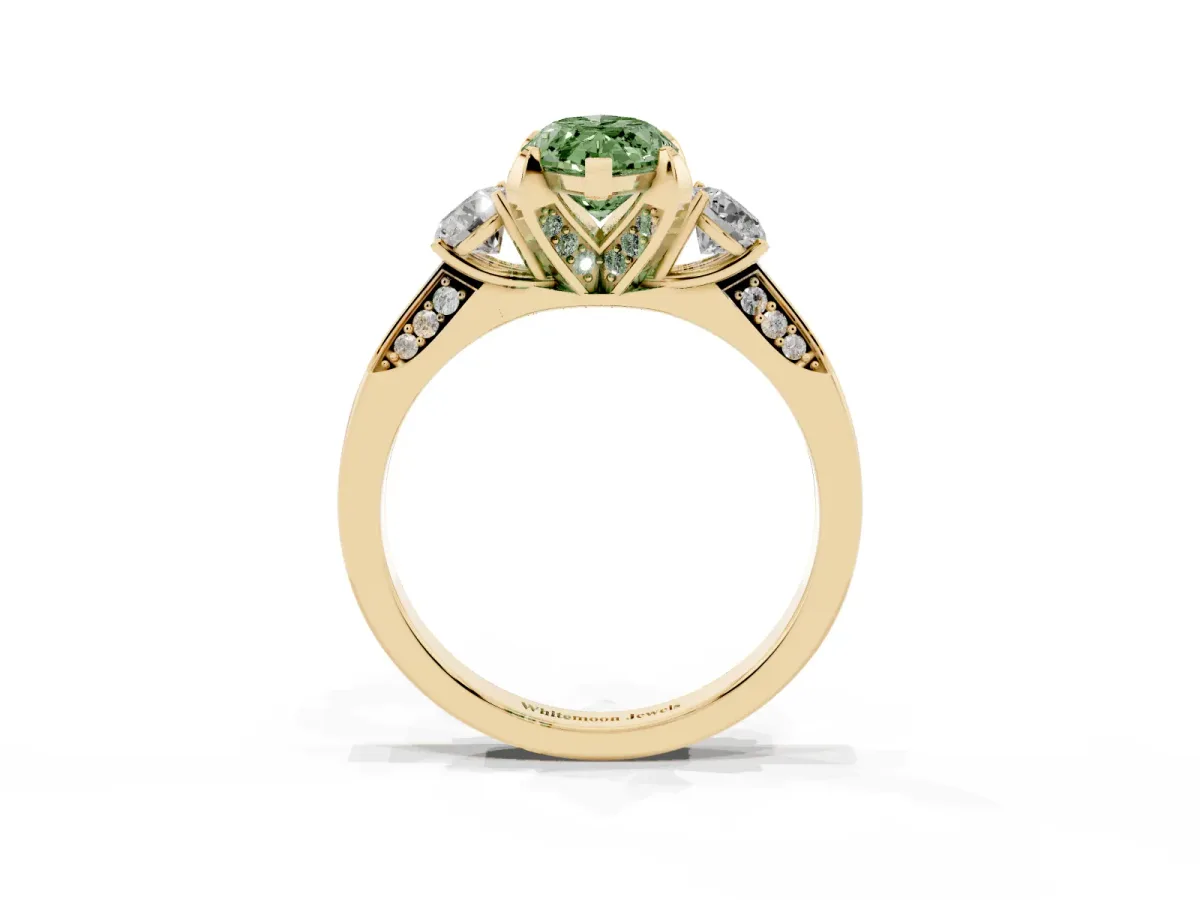 Fancy Green Marquise Cut Brilliant Three-Stone Diamond Ring with Pavé Band and Four-Prong Setting Yellow gold