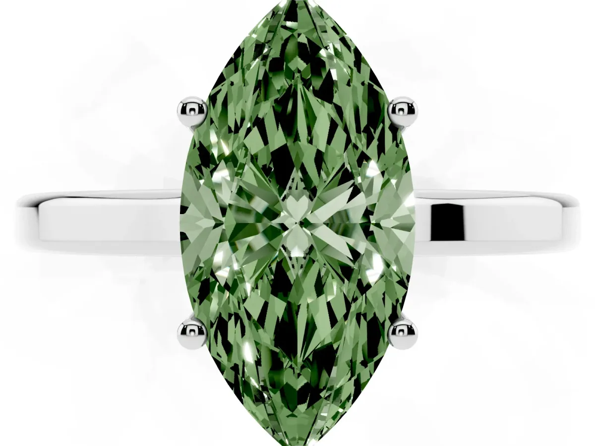 Fancy Green Marquise Cut Cut Solitaire Engagement Ring with Four-Prong Setting on a Classic Band White gold