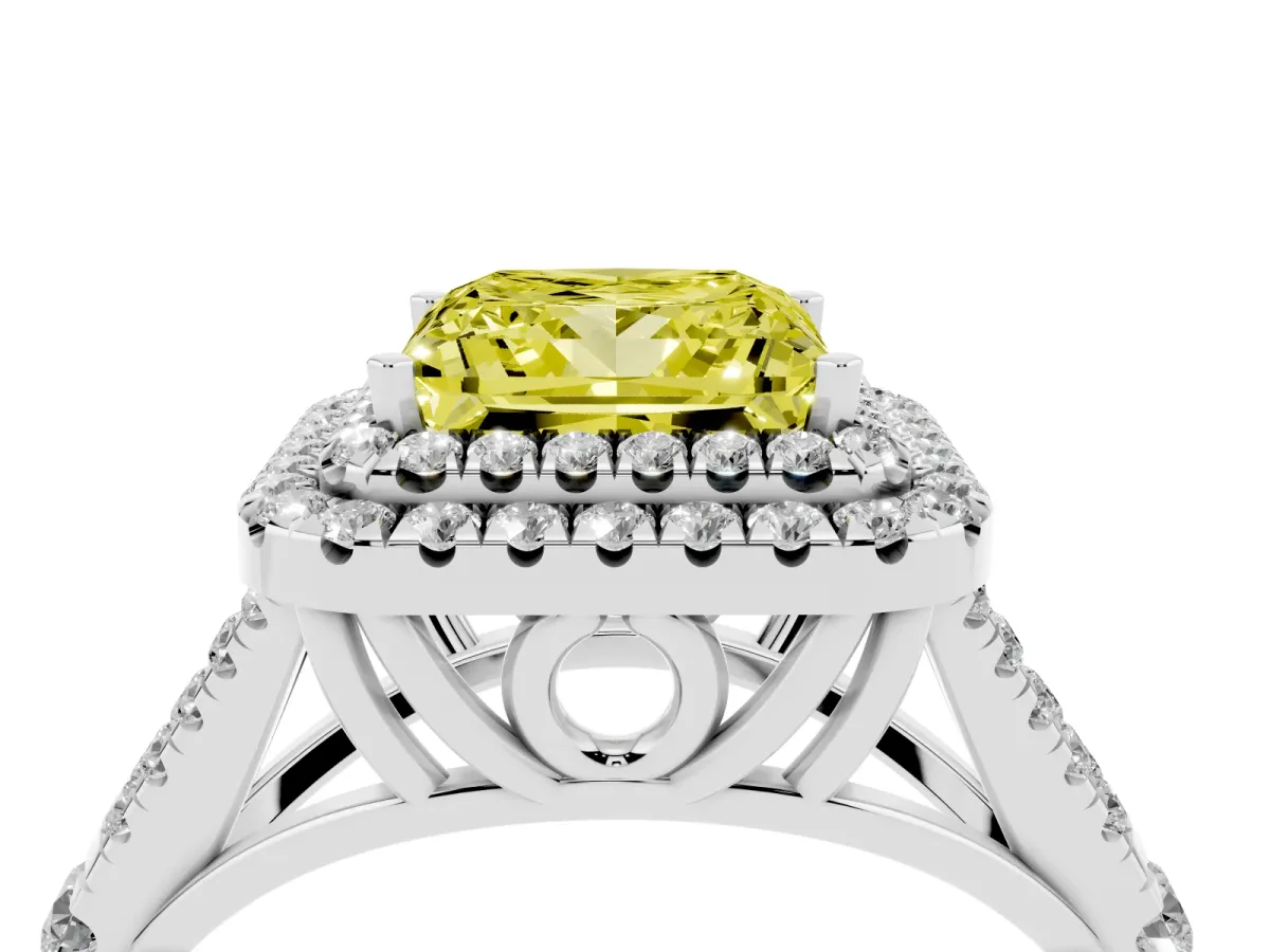 Fancy Yellow Princess Cut Diamond Double Halo Ring with Split Shank and Prong Setting Platinum